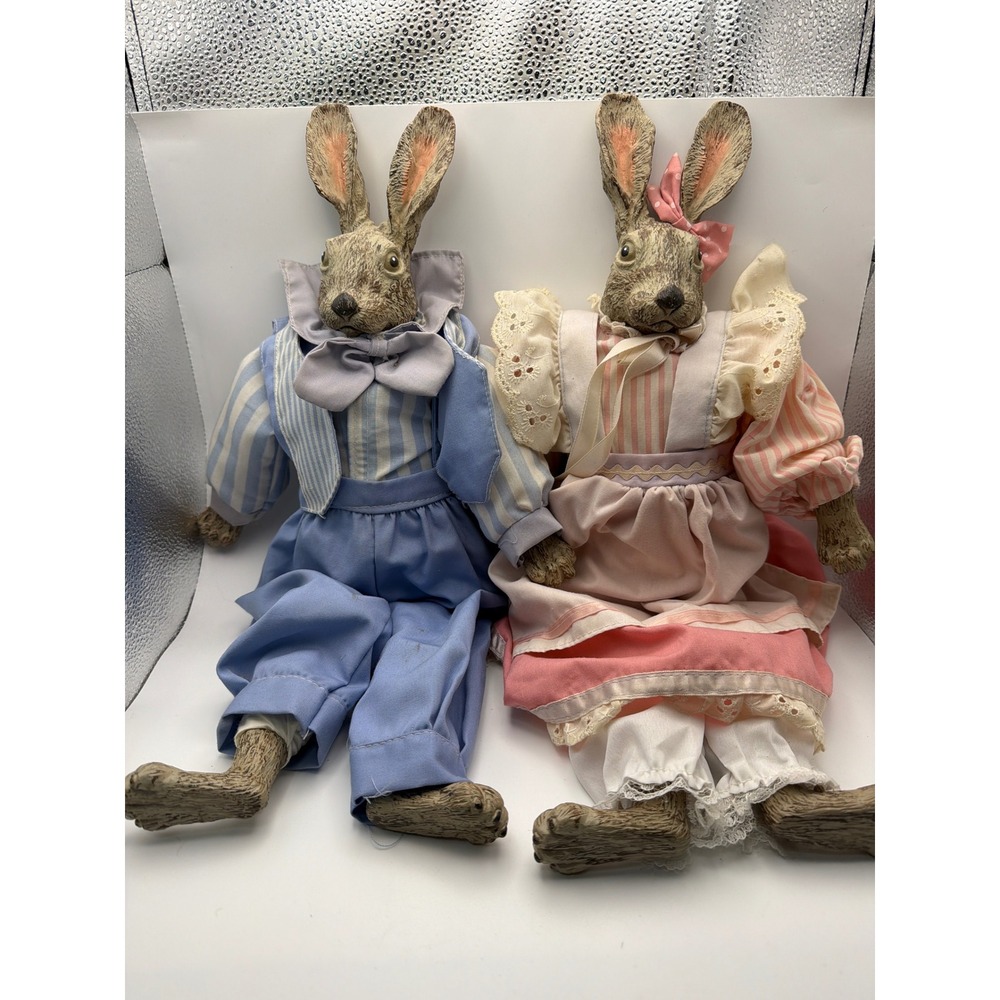 Vintage Easter Bunny Couple Shelf Sitters Resin Fabric Blue Pink Outfits 19in